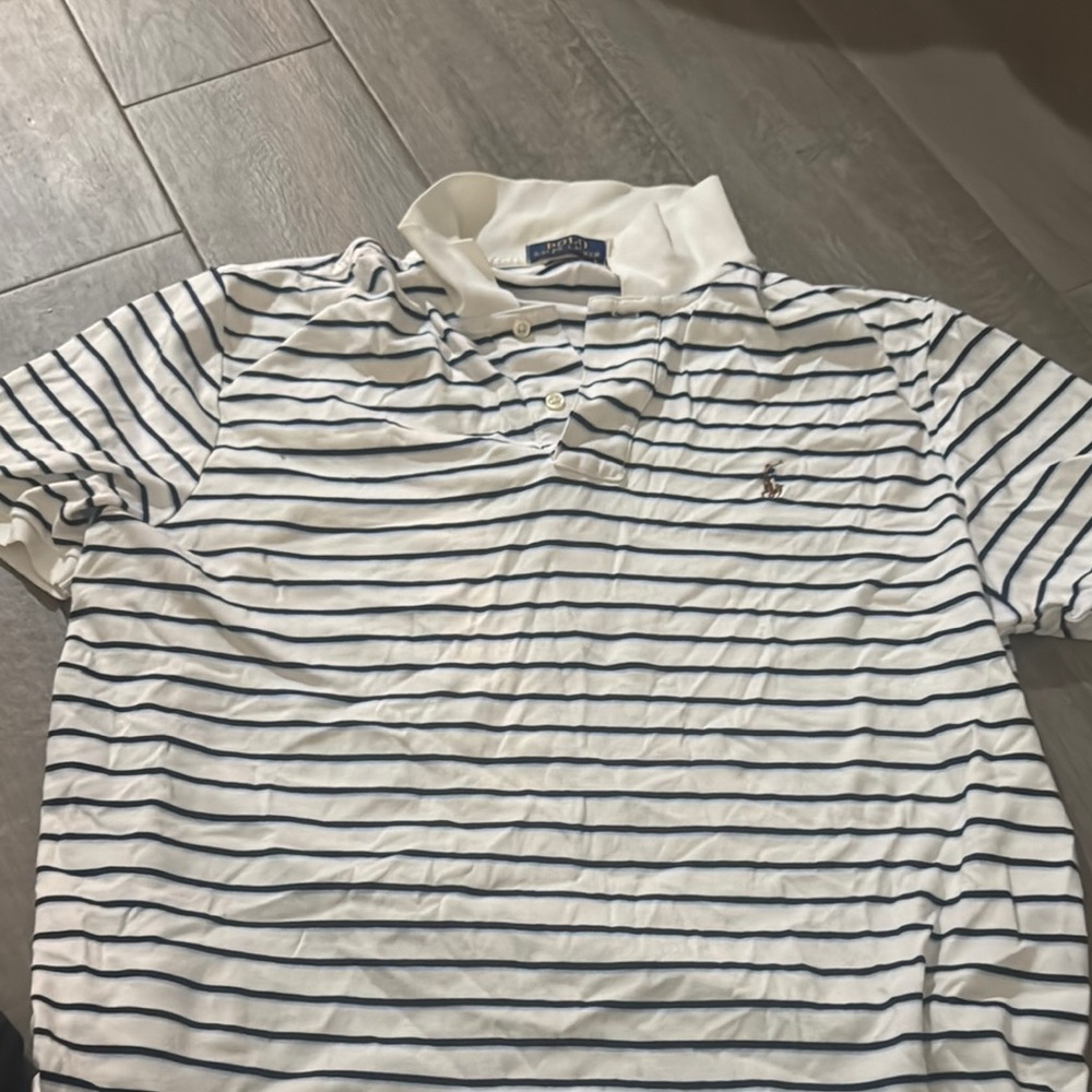 Men's White and Blue Striped Polo Shirt